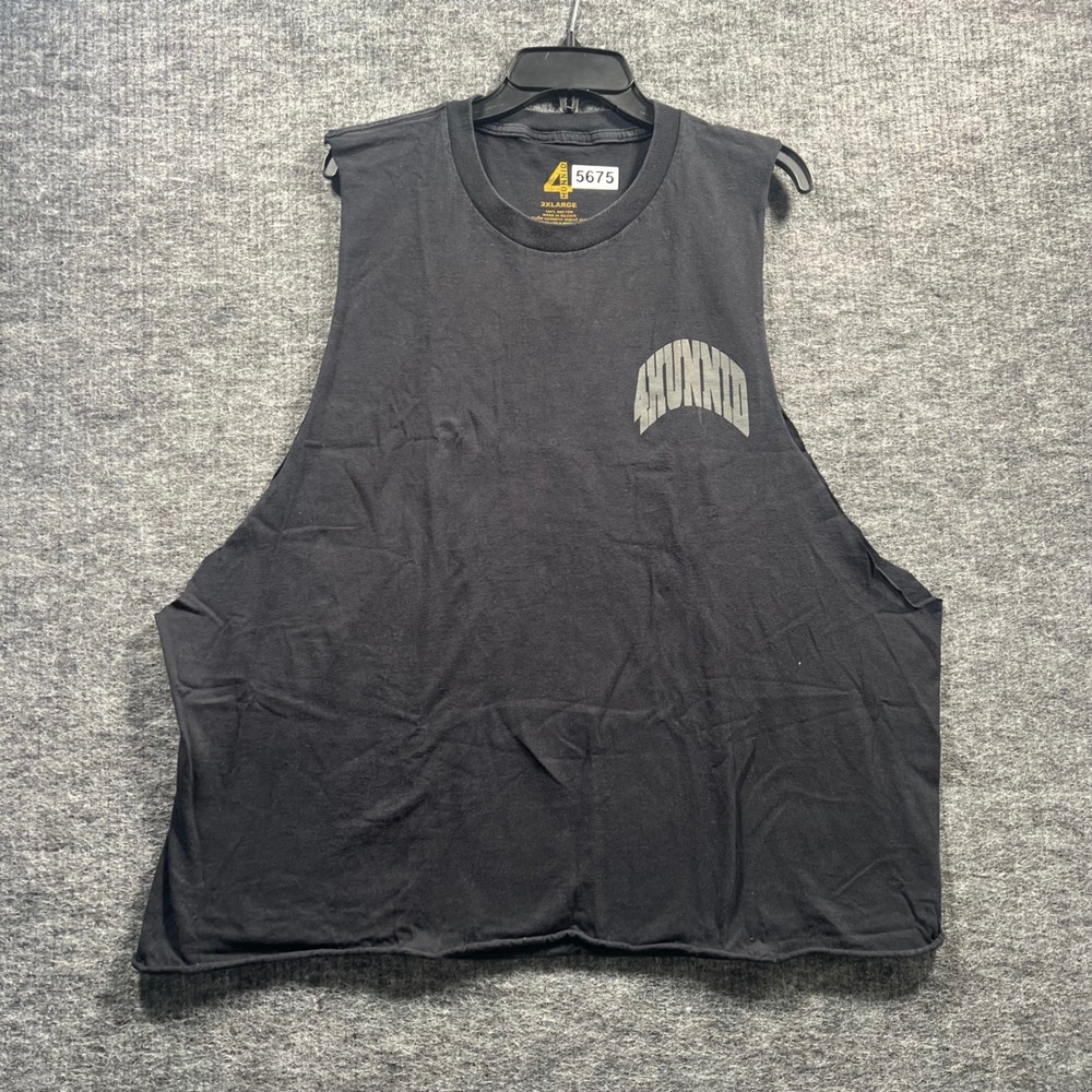 4Hunnid Mens Black Graphic Muscle Tee Sleeveless Raw Cut Cropped Shirt 2XL